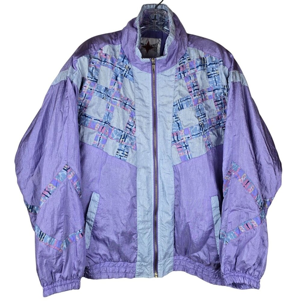 Vintage 80s Active Frontier Purple & Blue Windbreaker Jacket Medium Patchwork‎